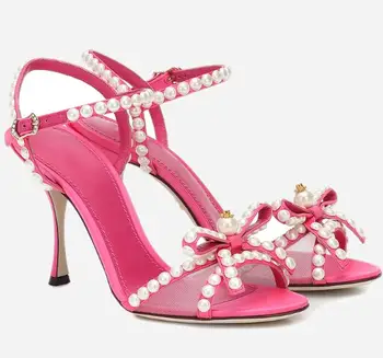 Нови дамски сандали с розово-червен интериор и перли, модерен дизайнерски дантелени дамски обувки-лодка с възел пеперуди, Пикантни женски обувки за банкет с възел на пеперуди