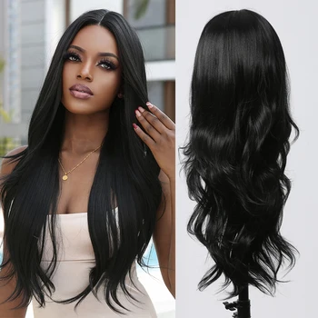 HAIRCUBE Черни изкуствени перуки за черни жени с Дълги вълнообразни естествен косъм, е средната част на линията на растеж на косата, Завързана Перука за Cosplay, термостойкое влакна