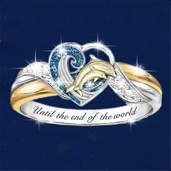 Елегантен и красиво бижу пръстен с делфина във формата на сърце, сапфирен пръстен