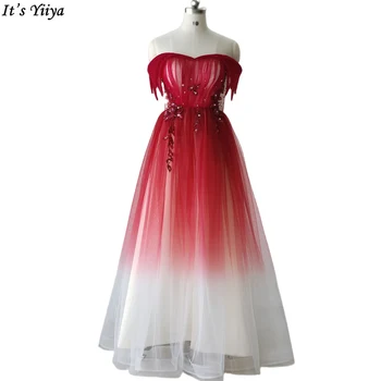 Вечерни рокли It ' s Yiiya, Градиентное Бордовое рокля с открити рамене, Beading, Гънки, Трапециевидное Рокля на пода-Големи размери, Секси вечерна Рокля R1324