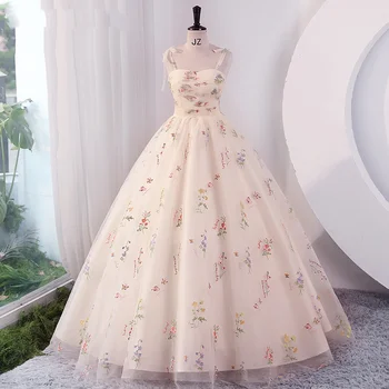 Луксозни Дълги Вечерни рокли за абитуриентски бал с цветна бродерия за жени 2023, Лятно Елегантна Сетчатое принцеса рокля за парти на подтяжках