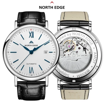 Оригинални автоматични механични часовници NORTH EDGE със сапфир покритие, прозрачна делото, Мъжки Класически часовник Бизнес