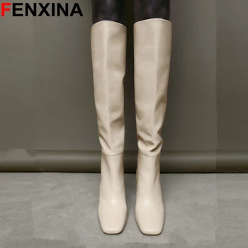 FENXINA, Размер 34-43, ZA, Ботуши от естествена кожа, Дамски ботуши до коляното на високо квадратен ток с квадратни пръсти, Есен-зима, Модни обувки, Дамски обувки