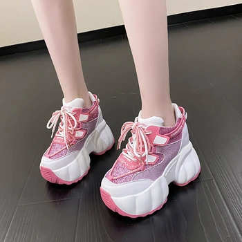 10 см Розови Нови дамски маратонки с масивна обувки с Дишащи спортни обувки на платформа Дамски Ежедневни обувки на дебела подметка с шнур