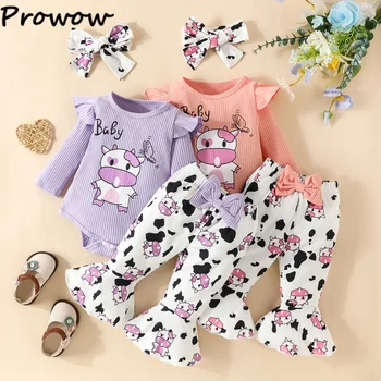 Комплекти дрехи за малките момичета с изображение на крава Prowow, Боди с анимационни герои и изгорени панталони с черен принтом, Дрехи за новородени с крави, дрехи за новородени момичета