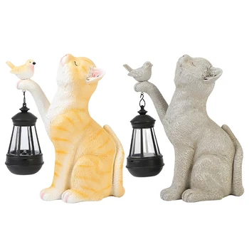 Статуята на котката в градината, Смола, Творчески лампа за Котешки двор, Сладък Градински Орнамент, Слънчев Уличен лампа за статуи в двора, пътека за тераси.