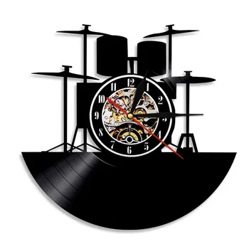 Комплект барабани, Vinyl плоча, Стенни часовници, Реколта рок-група с подсветка, Подарък За нов дом, Led лампа, Часовник без тиканья