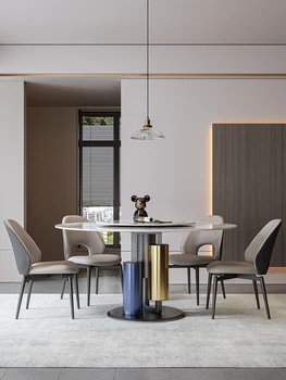 Комбинация от италиански минималистичен, лесно луксозна маса за хранене и столове от каменна плоча, дом на кръгла маса за хранене със завъртане на масата