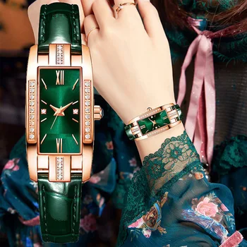 Луксозни Маркови мъжки часовник, с моден случайни каишка, Квадратни дамски кварцови часовници, гривни, Зелен, червен циферблат, прости дамски часовник