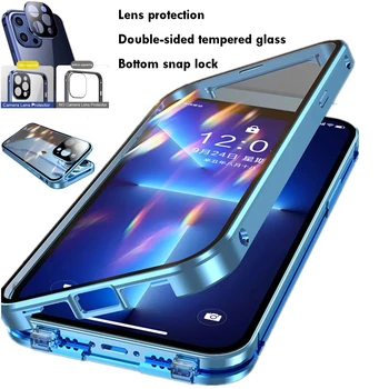 360 Пълна защита, метален двустранен магнитен стъклен калъф с защелкивающимся ключалка за iPhone 14 13 12 11 Pro Max Plus, защитна капачка за обектива