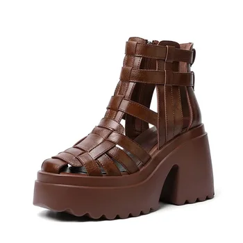 Модни дамски Сандали 10 см, 2023, Летните обувки на дебела подметка за почивка, Класически обувки с кръгло бомбе и Ключалката, Римски сандали, Лидер на продажбите