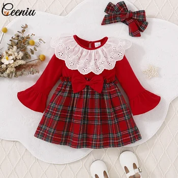 Ceeniu, детски коледни рокли за деца, завързана яка, мозайка празнична рокля в червената клетка, Детска Коледна дрехи, Празничен костюм за момичета