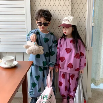 2023, Корейски Пролетно-есенен комплект дрехи за деца, в стил Братя и Сестри с принтом Love Jooger, Пуловер, Стрейчевая широки дрехи за деца