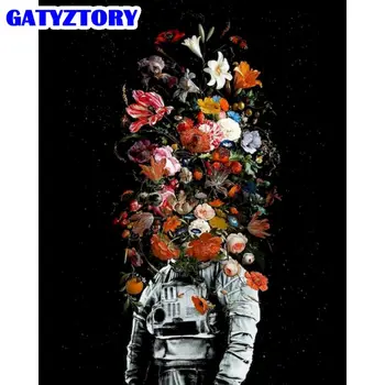 GATYZTORY, комплекти за рисуване астронавтите с цветя по номера За възрастни, ръчно рисувани, направи си сам, подарък картина на номера, Бои, декорация за дома