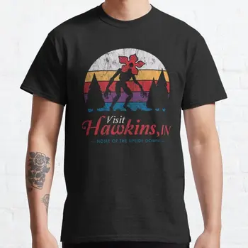 Visit Hawkins Реколта Потертая Мъжка Тениска Demogorgon Stranger Things, Мъжки t-shirt Оверсайз с къс ръкав, Ежедневни Тениска 3XL