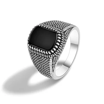 STR5, сребърен пръстен с черен камък, пръстен със звезда 