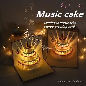 3D изскачащи поздравителни картички за рожден ден, Автоматично възпроизвеждане на музика, топло светодиодна подсветка, пощенска Картичка за торта за рожден ден, Подаръци за мама, съпруга, сестра, момчета, момичета, приятели