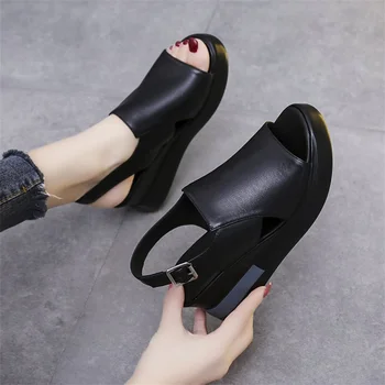 2023 удобни Летни модни дамски сандали на дебел наклонено ток с маффинами, сандали със закопчалка отзад, по-големи размери, леки сандали