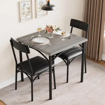 Кухненска маса от 3 теми, маса за Хранене, 2 меки стола от метал и дърво, Квадратна маса за хранене за малък апартамент