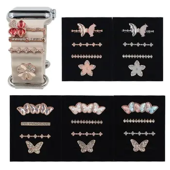 Модерен нова диамантена цвете с орнаменти във формата на пеперуда, метални висулки, каишка силикон, декоративни пръстен за Apple Watch, аксесоари за декор каишка