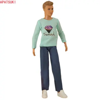 Мятно-зелен топ с дълги ръкави, Дълги дънкови панталони за кукли Кен, Комплекти дрехи за приятеля на Барби, Аксесоари за куклата Кен