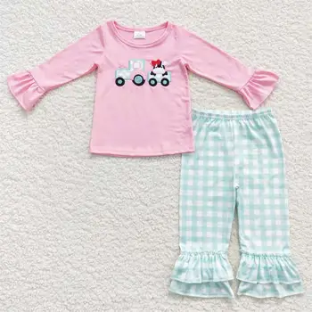 Детски розови памучни ризи с бродерия на Камион и Крави, пижами, изпъстрен панталони, бебешки дрехи, пижами за деца, комплект пижам за момичета