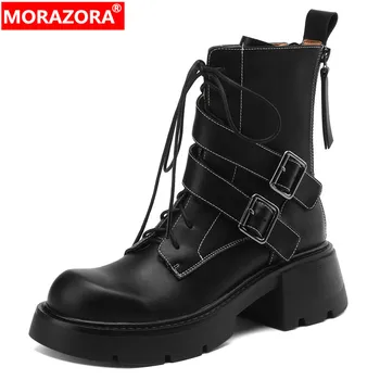 MORAZORA 2023, Нови Узкополосные обувки Martin от естествена кожа, зимни обувки на висок квадратен ток, Модни ботильоны на платформа с цип