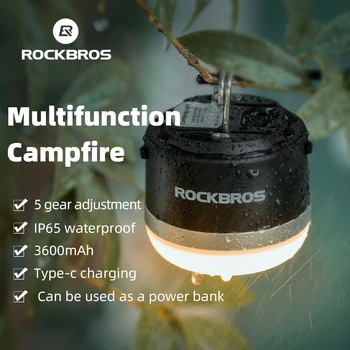 Официален фенер ROCKBROS за къмпинг LED Type-C, акумулаторна батерия банка с капацитет 3600 mah, 5 степенна, Магнитен фенер за палатка, Преносимо аварийно осветление