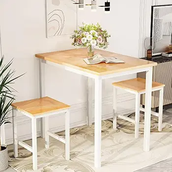 Модерна дървена маса за хранене и столове, Малка маса за хранене, Кухненска маса с 2 табуретками и метална рамка за кухнята, ресторанта