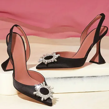 Луксозни маркови дамски обувки-лодка с кристали, Летни обувки за булката на висок ток, Удобни вечерни сватбени обувки на ток треугольном