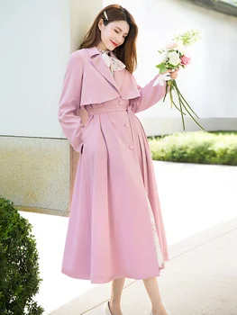 2023 Пролет и есен, популярна нова мода темпераментен розова ветровка средна дължина до коляното, дамски дрехи
