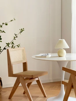 Столове за всекидневна, мебели и интериор в японски стил, ретро-скандинавски трапезария стол от масивно дърво и ратан, Ins, Спалня, прост писмен стол с облегалка