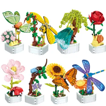 2023 Град Творчеството на Цветен Букет Засаждане в саксия Пеперуда Цикада водно Конче Модел Строителни блокове Тухли Играчки за детски подарък