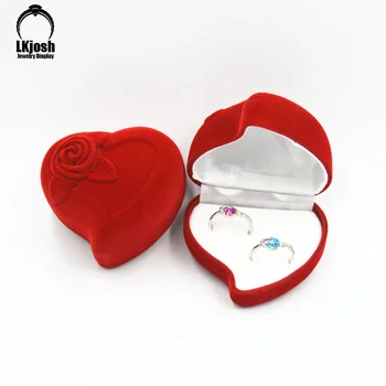 Кадифе подарък кутия за сватбени декорации с двоен пръстен във формата на сърце, кутия с червена роза, кутия за показване на бижута