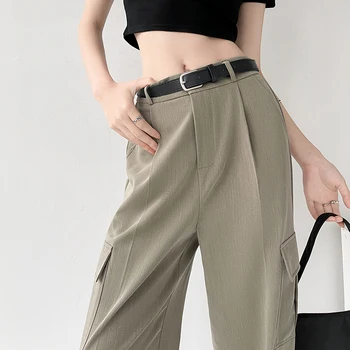 Лято 2023, Нови прави панталони с висока талия, Дамски Модни Ежедневни панталони-с карго джобове, Дамски Свободни Дълги панталони с колан