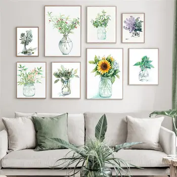 Акварельное растение, Цвете, платно, Боядисване, Слънчогледово растение, Плакат с Листа, Модел за всекидневна, домашна картина, може да бъде конфигуриран по индивидуална заявка