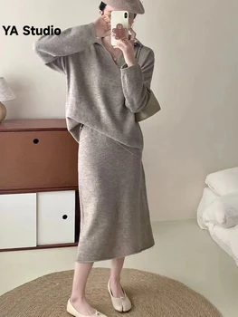 [YA Studio] Корейски монофонични вязаный пуловер с врата, женски модерен комплект, есен-зима, лесен зрял стил, половината от две части