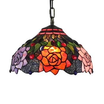Лампа от стъкло Tiffany, цветно стъкло, ретро-бар, ресторант, художествена окачване, 30 см, лампа с черна роза отдолу