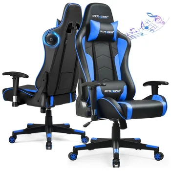 Игралното стол GTRACING Офис стол от изкуствена кожа с високоговорителя Bluetooth за дома, синьо