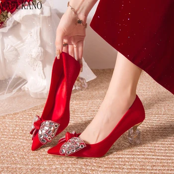 Елегантни Булчински Обувки с декорация във формата на кристали За Шаферките, Необичайни обувки за бала на токчета, Дамски обувки-лодка С кристали и лък, Сватбени обувки в китайски стил
