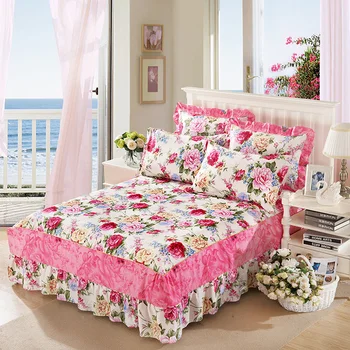 Памучно покривало за легло с флорални накъдрен, Пола с плосък чаршаф, матрак цилиндър, Спално бельо принцеса, Пола, за легла, Памучен калъфка за възглавница с волани, повече цвят