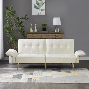 Velvet диван-futon, разтегателен диван-легло Loveseat със скръстени подлакътници и торби за съхранение за хола и малко пространство
