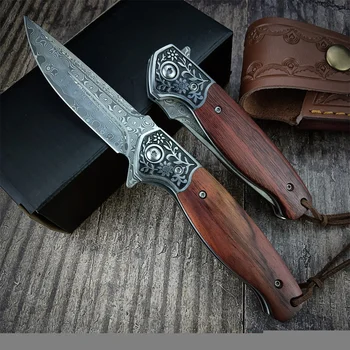 Сгъваем джобен нож от дамасской Стомана С дървена дръжка и Висококачествени тактически ЕРП-Ножове За Къмпинг, Лов за Коледни Подаръци