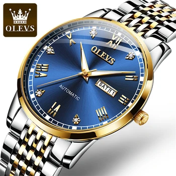 OLEVS Модни сини механични часовници за мъже от неръждаема Стомана, водоустойчив, Календар, Автоматични мъжки часовници, Най-добрата марка Луксозни