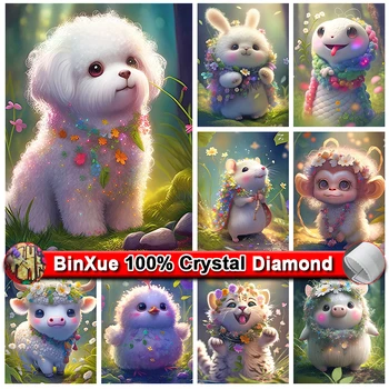 BinXue чанта с цип 5D САМ, сладко куче, 100% Картина с кристали, Маймуна, Стикер със Заек, Диамантена бродерия, Украса за дома