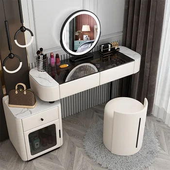 Луксозна модерна масичка за грим, многоцветен Дървена масичка с led огледало, тоалетка, Многофункционален шкаф, Мебели за спални, HY