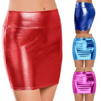 Дамски лъскава метална течна Секси Мини пола с мирис на метален цвят