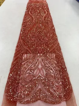 Африканска лейси плат с мъниста За сватбени рокли 5 ярда Висококачествени Дубай окото тюл с пайети, Кристални мъниста, ръчно изработени 2023