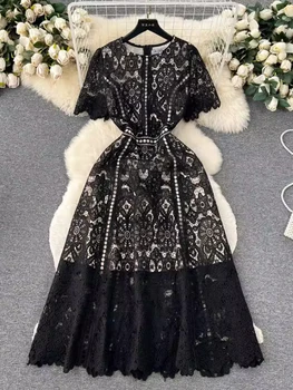 FTLZZ Лятно Дамско Винтажное Дантелено отворено Сетчатое рокля с бродерия, Секси Елегантна рокля миди с къдри рокля с трапецовидна форма