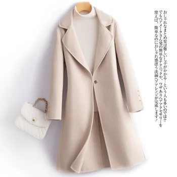 Двустранно вълна палто от чиста вълна-Секси дълга тънка вълна палто Темперамент Плюс Размер Есен и зима Нов стил